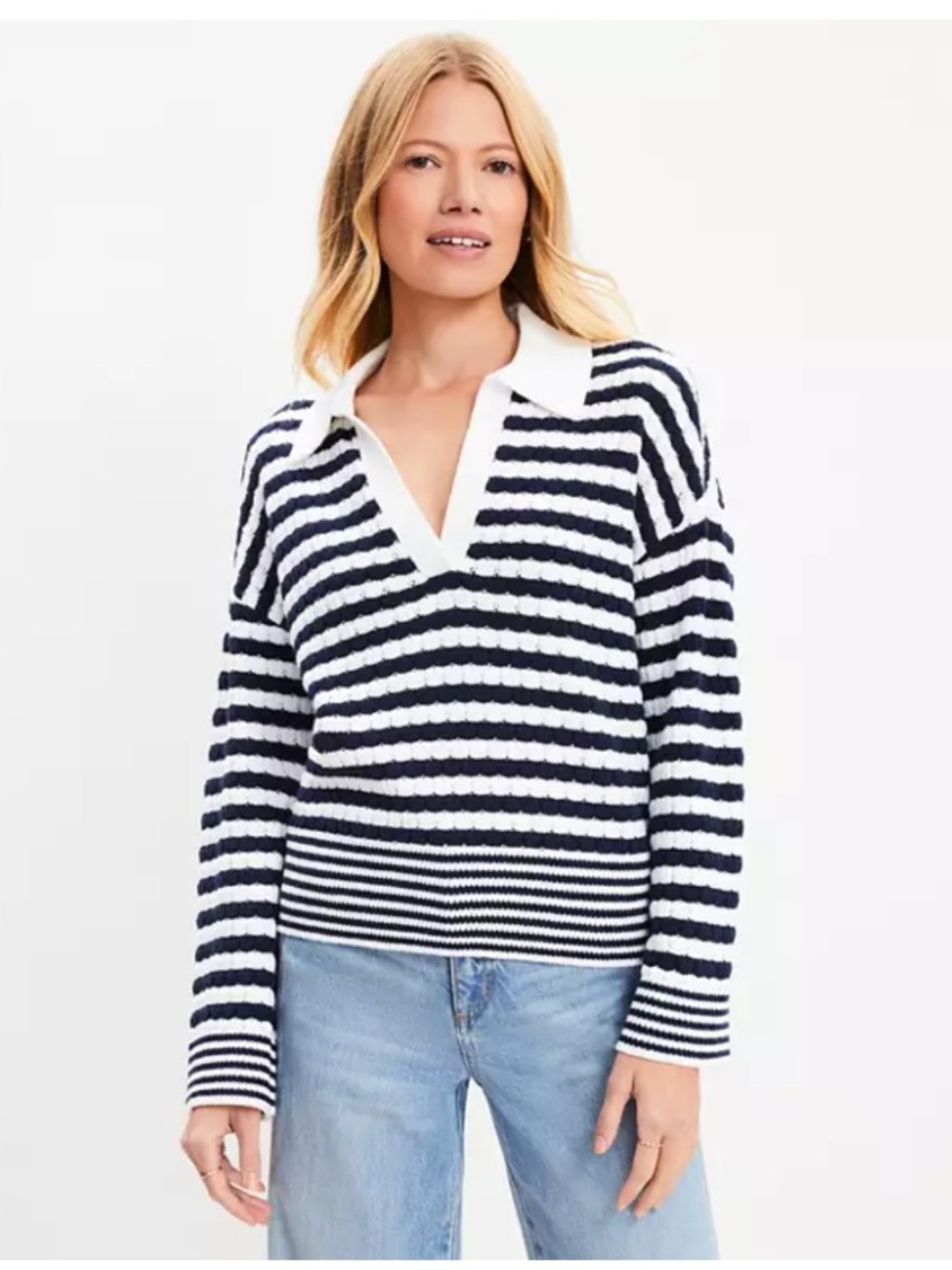 Ann Taylor LOFT Striped Knit Collared Pullover Sailor Sweater Preppy Navy Large